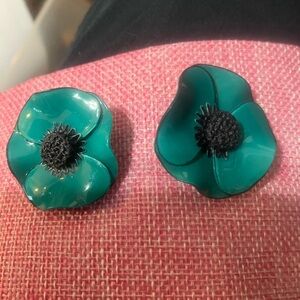 Rare cilea Paris designer poppy anemone clip earrings vintage teal